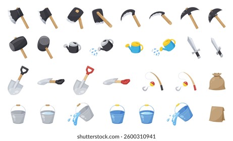 Illustration set of farming tools and other tools used in farm games