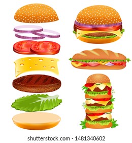 illustration set of fast food burger ingredients tomato slices, cutlet, lettuce, onion and a slice of cheese