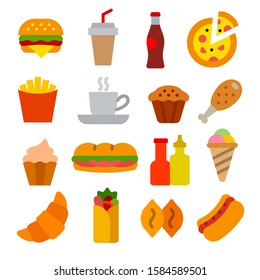 illustration of set fast food flat icons and signs