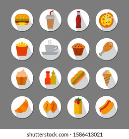 illustration of set fast food flat icons and signs