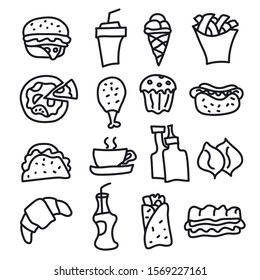 illustration of set fast food icons and signs black and white drawings and sketches