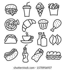 illustration of set fast food icons and signs black and white drawings and sketches