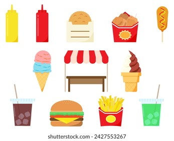 Illustration set of fast food menus often found in food courts