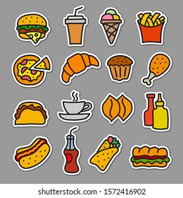 illustration of set fast food stickers drawings and sketches