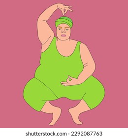 illustration set fat background black lines drawing Yoga white woman thick curvy female form harmony lotus pose studio meditation pink suit