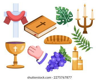 Illustration set features various design elements commonly associated with the Christian faith, such as the cross, communion elements like bread and wine, the Bible, communion cup, candles, etc