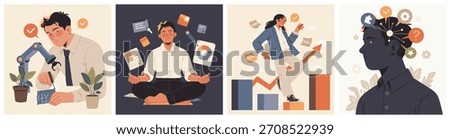 Illustration set featuring automation, mindfulness at work, productivity growth, and innovative thinking in a professional business context.