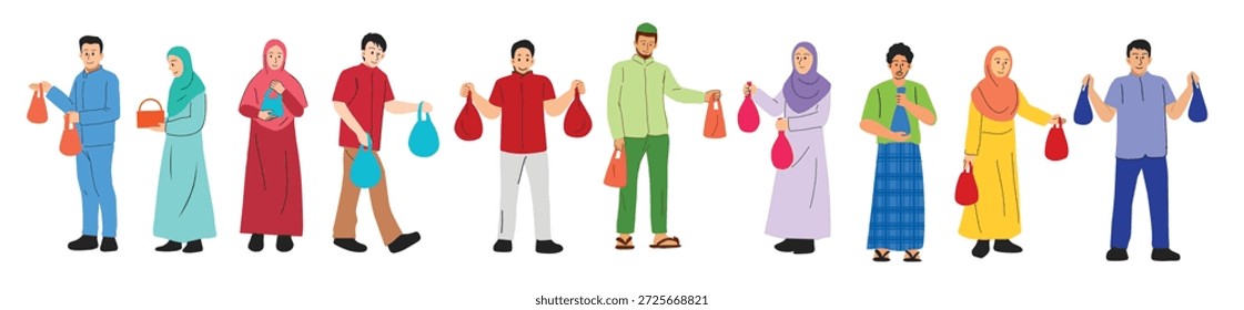 ein Illustrationssatz mit Zeichen, die qurban verteilen