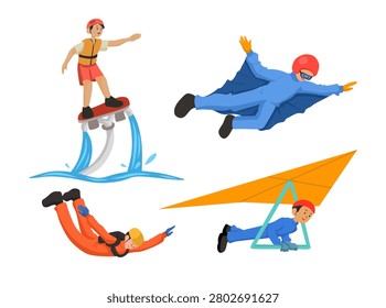 Illustration set featuring cheerful characters participating in various air sports activities such as paragliding, skydiving, hang gliding, and parasailing