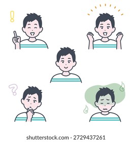 Illustration set featuring expressions of boys around elementary school age. 
Original artwork created by me using illustration software. No AI used.