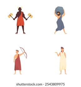 Illustration set featuring figures from greek mythology, including a warrior, archer, and individuals holding artifacts