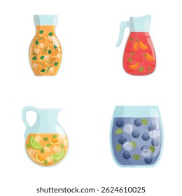 Illustration set featuring four pitchers with different fruitinfused waters