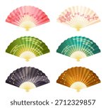 Illustration set featuring Japanese-style patterned folding fans.
