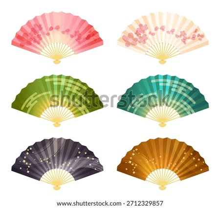 Illustration set featuring Japanese-style patterned folding fans.