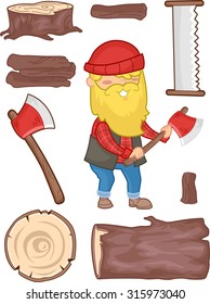 Illustration Set Featuring a Lumberjack Surrounded by Tools Used for Cutting Wood