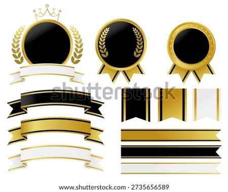An illustration set featuring medals and ribbons based on two colors: black and gold. Vector illustration on a white background.