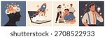 Illustration set featuring a mind filled with gears, a rocket launching from a laptop, collaborative studying with tasks, and a person generating new ideas.