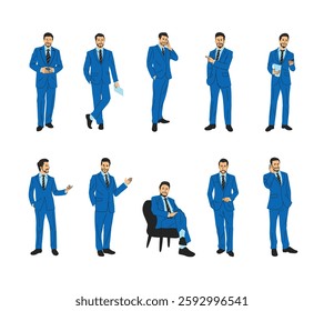 An illustration set featuring an office boss or manager character in various poses and gestures — giving presentations, pointing, crossing arms, celebrating, and more. For workplace-themed projects