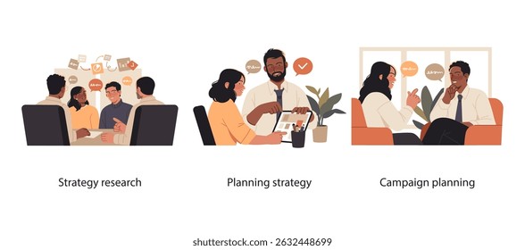Illustration set featuring professionals conducting strategy research, planning business strategies, and discussing marketing campaign ideas in meetings.