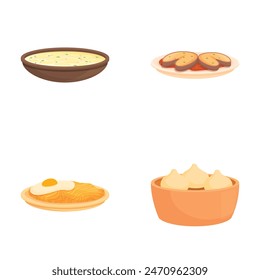 Illustration set featuring a soup bowl, plate of cookies, cooked egg on a plate, and a bowl of dumplings