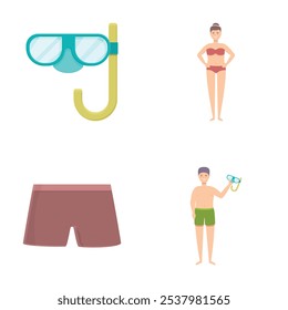 Illustration set featuring swim goggles, swimwear, and summer beach essentials