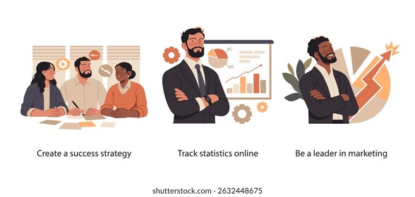 Conjunto de ilustrações com trabalho em equipe sobre planejamento de estratégia, monitoramento de estatísticas com gráficos e liderança de crescimento em esforços de marketing modernos.