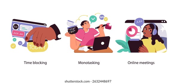 Illustration set featuring time blocking, focused work (monotasking), and virtual meetings for efficient freelance work and communication.