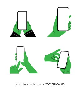 Conjunto de ilustrações com vários gestos manuais enquanto segura um smartphone, ideal para mostrar o uso de aplicativos móveis, interações com a interface do usuário ou campanhas de marketing digital.