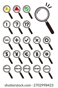 Conjunto de ilustrações com várias lupas. (Cuidado, cheque, ponto de exclamação, moedas de vários países, etc.) Ilustrações vetoriais sobre fundo branco