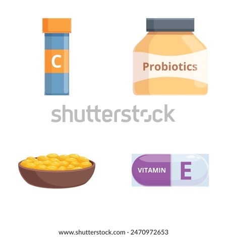 Illustration set featuring vitamin c, probiotics, a bowl of capsules, and vitamin e