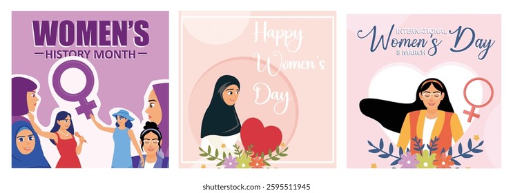 Illustration set featuring Women's Day and Women's History Month designs, showcasing diversity, empowerment, and achievements of women. Set flat vector illustration.