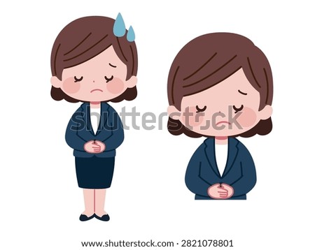 An illustration set featuring a young woman in a navy suit with hands folded and a troubled, apologetic expression in full body and upper body poses. Ideal for medical notice boards, cautionary notes, service apologies, and website banners.