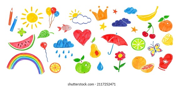 Illustration set of felt tip pen childlike drawings isolated on white background.