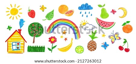 Illustration set of felt tip pen childlike drawings of fruit and nature isolated on white background.
