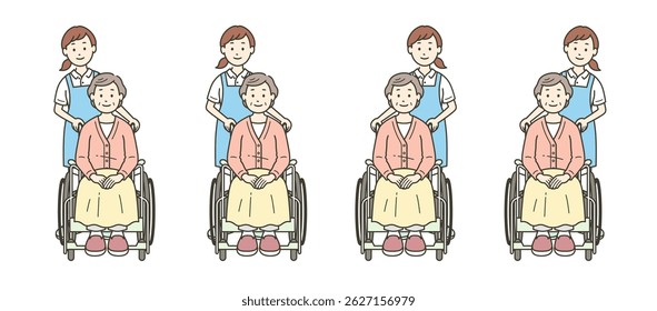 Illustration set of a female caregiver assisting an elderly woman in a wheelchair