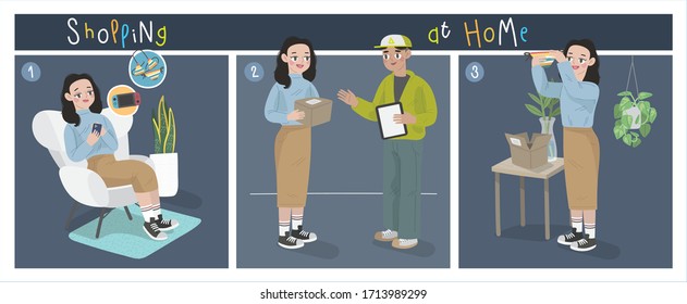 illustration set of female customer shopping online at home during covid-19. Young freelancer use online shopping application and delivery at home to avoid spreading the corona virus.