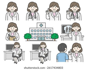 Illustration set of female doctors (line drawing color).