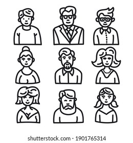 illustration of the set of female and male character avatars black outline icons on the white background