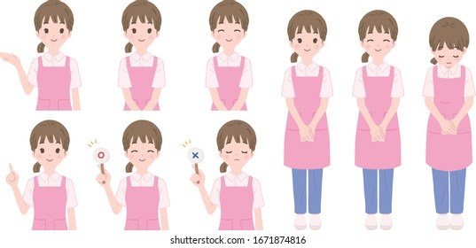 Illustration set of female nursery teacher poses and facial expressions