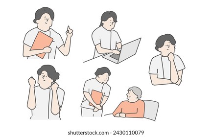 Illustration set of female nurses working at nursing care sites