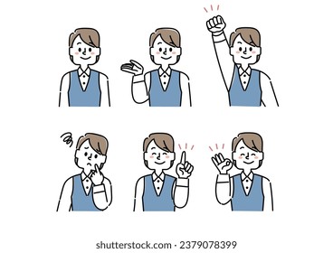  Illustration set of female office workers with various facial expressions