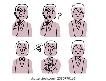 Illustration set of female office workers with various facial expressions (magnifying glass, doubt, bow, inspiration, disappointment)