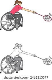 Illustration set of a female player playing badminton in a wheelchair