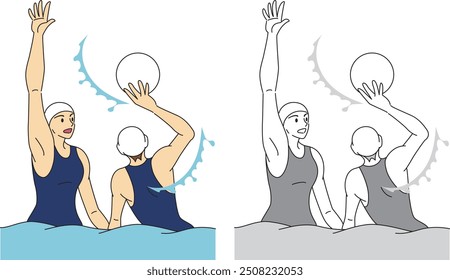 Illustration set of female players playing water polo