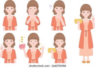 Illustration set of female poses and facial expressions