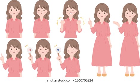 Illustration set of female poses and facial expressions