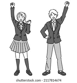 It is a ｍonochrome illustration set of female students and male students who are happy to push their fists up.Vector data that is easy to edit.