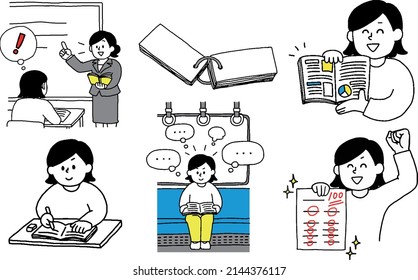 Illustration set of female students in plain clothes who take classes, study and get high scores in the test