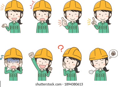 Illustration set of female workers wearing helmets with various facial poses