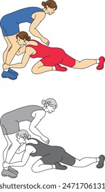 Illustration set of female wrestlers